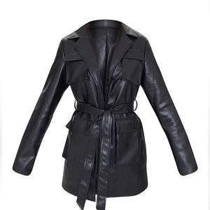 Pretty Little Thing Leather Jacket Longline Pocket Front